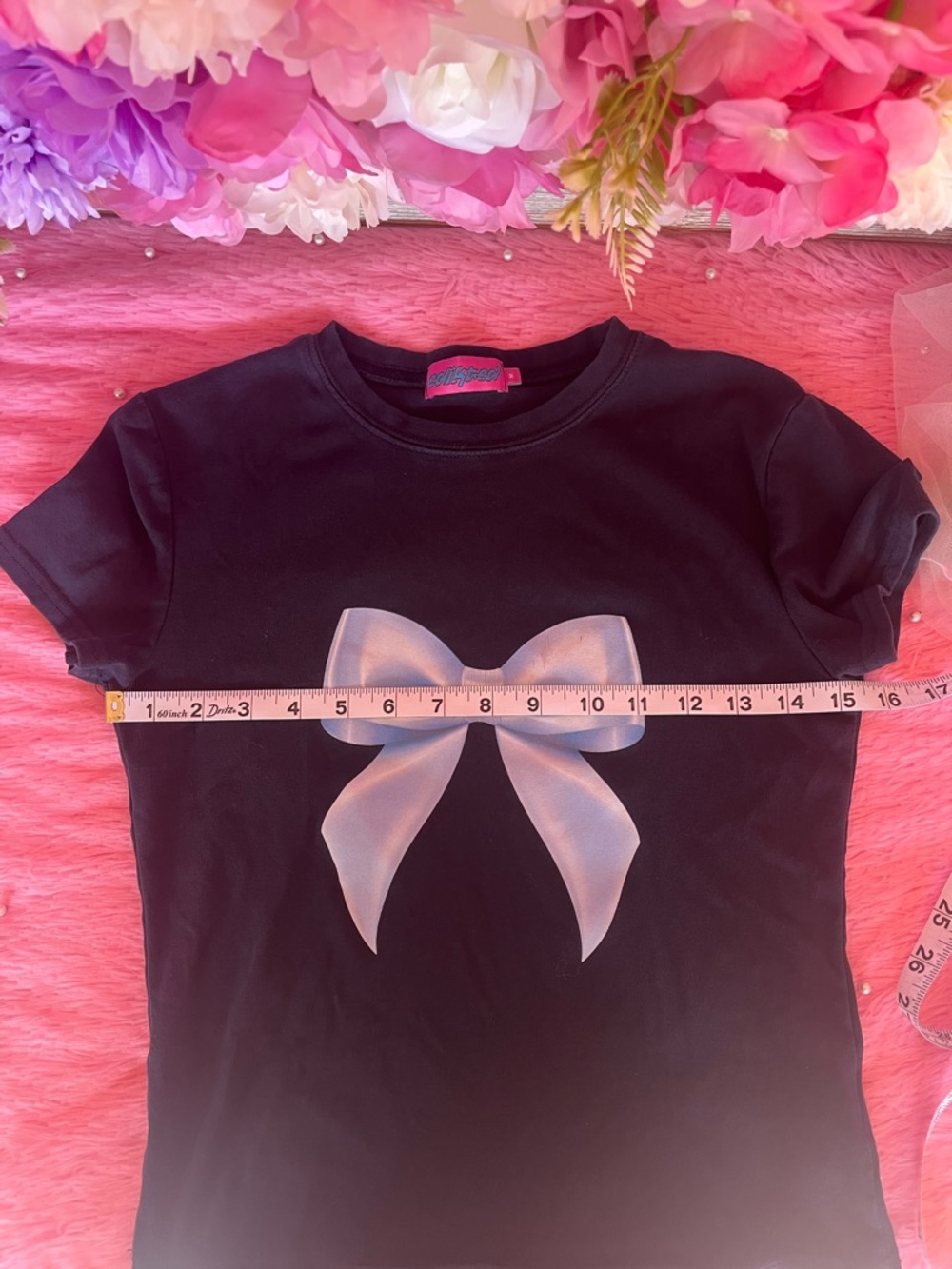 Edikted Blue Crop Top with Light Blue Bow Graphic - Picture 5 of 5